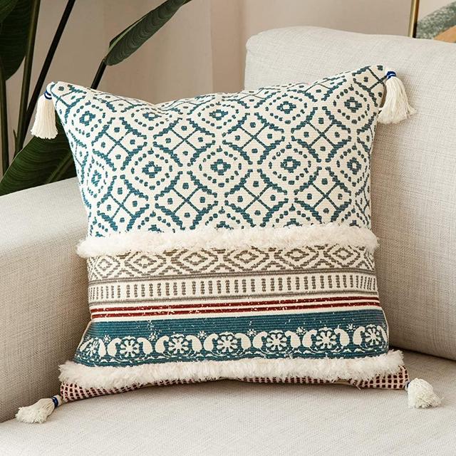 Boho Tufted Decorative Throw Pillow Covers for Couch Sofa - Modern Moroccan Pillow Case with Tassels, Accent Decor Large Pillowcase for Bedroom Living Room Car Hotel, 20x20 Inch, Blue