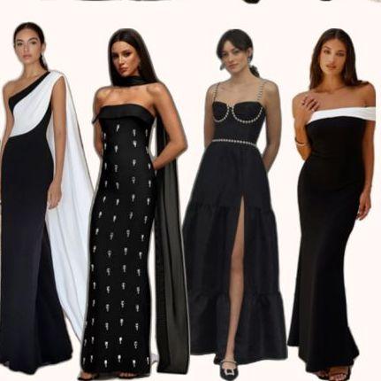 Long, elegant dresses in black with a touch of white.