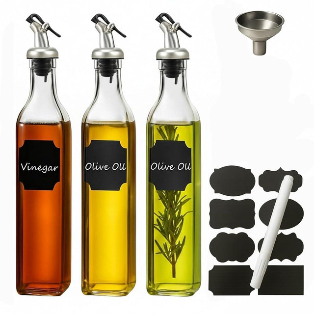 WERTIOO Olive Oil Dispenser Bottle, 3Pack 17 OZ Glass Oil Dispenser for Kitchen with 4 Pourer,1 Stainless Steel Funnel & 1 Pen and 8 Label for Kitchen (500ml)