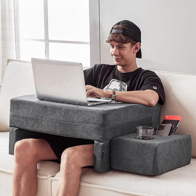 Comehealthy Lap Desk Pillow for Laptop, Large Reading Pillow for Adult, Arm Rest Pillow with Cup Holder, Memory Foam Bed Desk for Working, Gaming, Reading, Laptop Desk for Couch Bed Floor(Grey)