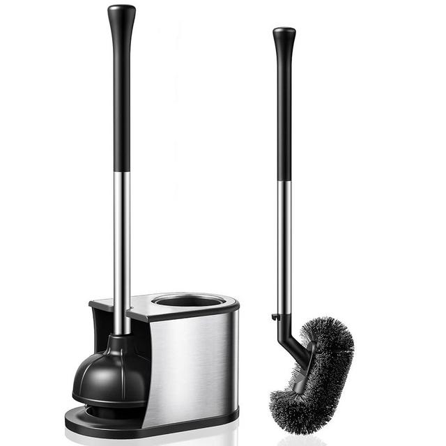 HAMITOR Toilet Plunger and Brush Set: 2 in 1 Stainless Steel Rustproof Combo with Deep Cleaning Curved Bristles - Heavy Duty Toilet Unclogging for Family Bathroom - Compact Apartment Accessories