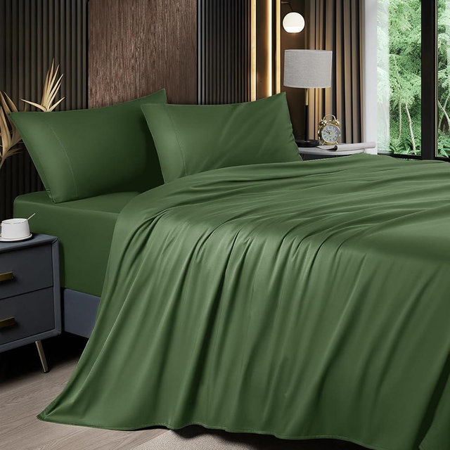 Shilucheng 4 Piece Queen Sheet Sets, Cooling Sheets, Blend Rayon Derived from Bamboo, Deep Pocket Up to 16", Breathable & Soft Bed Sheets, Hotel Silky Bedding Set, Olive Green