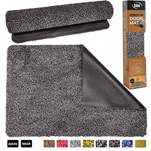 Kaluns Door Mat - Front Door Welcome Rug Indoor Doormat - Super Absorbent Mud Mats - Home Entry Floor Mat, Non Slip PVC Waterproof Backing, Shoe Mat for Entryway - Machine Washable (18x28 Black/Grey)