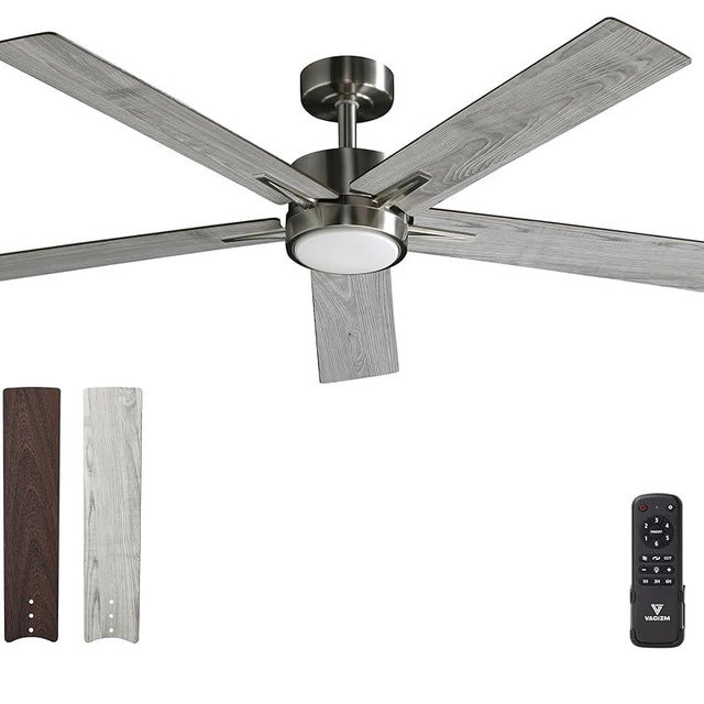 Vagizm 52 Inch Ceiling Fan Brushed Nickel Remote Controlled Dimmable Light Combo - Quiet Reversible - 5 Grey Blades