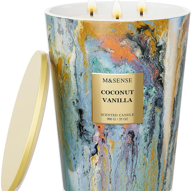 M&SENSE Large 3-Wick Coconut Vanilla Scented Soy Candle, 35oz 150 Hours Non-Toxic, Spring Candles Party Essential Spa Home Fragrance & Decor