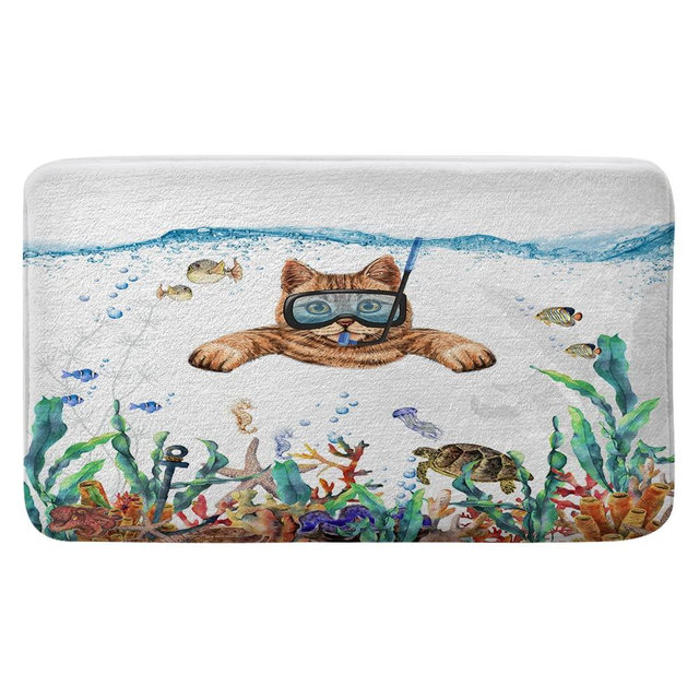 Uokiuki Funny Cat Bathroom Rug Mat, Cat Diving Bath Rugs, Tropical Fish Coral Underwater Sea Animal Non-Slip Bath Mats for Bathroom Floor, Tub and Shower, 17x29Inch (17X29)