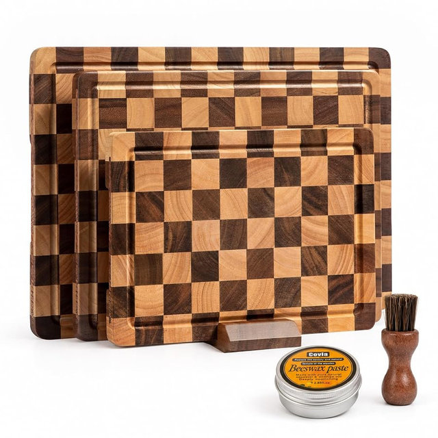 FYCTIO Checkered Cutting Board Set, Walnut Wood Cutting Boards for Kitchen | 3PCS Wooden Chopping Board with Juice Groove & Handles, Upgraded Decorative Serving Tray for Meat Vegetables Fruits with Box