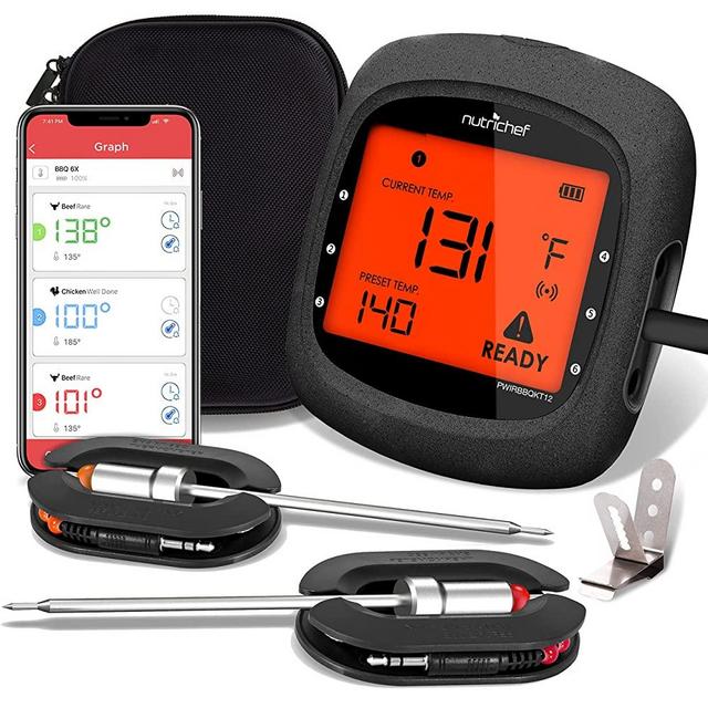 Smart Bluetooth BBQ Thermometer - Upgraded Stainless Probe w/ 2 Temperature Probes, LCD Display, Travel Case, Done Alarm Android iPhone, Gas Charcoal BBQ Smoker Temp Monitoring - PWIRBBQKT12