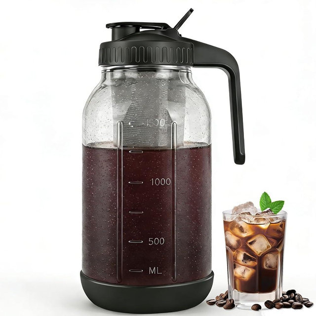 Cold Brew Coffee Maker, 64oz Mason Jar Pitcher with Stainless Steel Filter, Sealed, Leak-Proof Lid with Pour Spout & Handle, Heavy Duty Glass Iced Coffee Tea Brewer with Non-Slip Silicone Base-Black