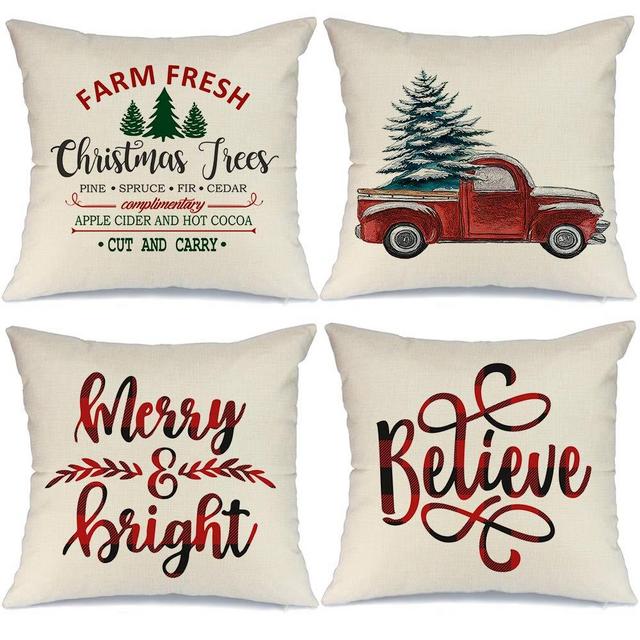 AENEY Farmhouse Christmas Pillow Covers 18x18 Set of 4 for Christmas Decor Red Truck Buffalo Check Throw Pillows Black and Red Buffalo Plaid Christmas Decorations Throw Pillow Covers