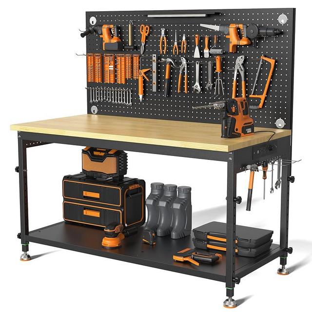CAMMOO 48" Heavy Duty Work Bench Adjustable Height Max Load 2000 LBS with Storage Shelf for Garage Workbench, Rubberwood Tabletop with Pegboard, LED Light, Built-in Power Strip for Woodworking Shop