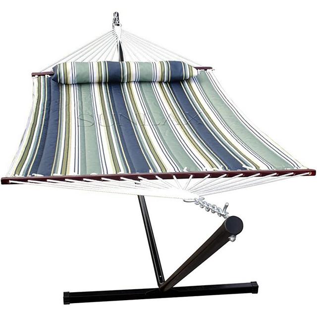 SUNLAX Two Person Hammock with 12FT Portable Steel Stand and Spreader Bar, Detachable Pillow, Quilted Fabric Swing, Blue and Aqua Stripes