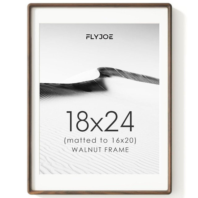 FLYJOE 18x24 Poster Frame, Natural Solid Walnut Wood Picture Frame with Tempered Glass, Handcrafted Rounded Corner 18 x 24 Frame Matted to 16x20 Photo, Horizontal or Vertical Wall Mounting
