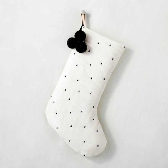 Rustic Star Stitched Poms Holiday Stocking Black/Cream - Hearth & Hand™ with Magnolia