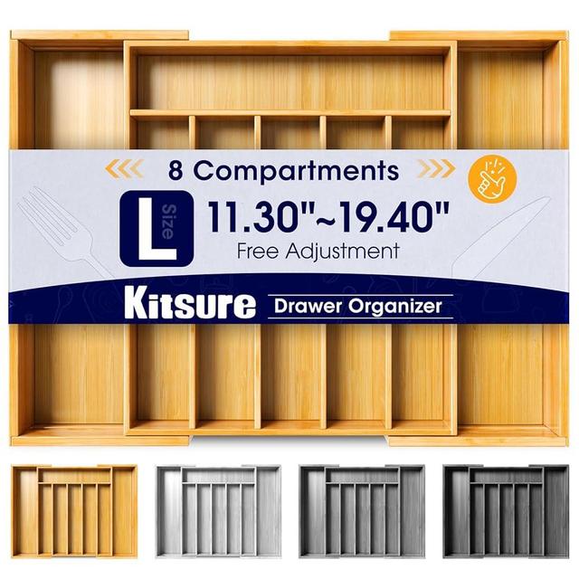 Kitsure Large Bamboo Silverware Organizer - Expandable Drawer Organizer for Utensil, Cutlery and Flatware, Kitchen Storage Solution with 6 to 8 Slots, Natural, 13.1" × 1.8" × 19.4"