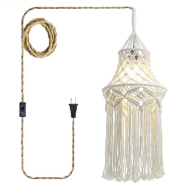 Boho Lamp Plug in Pendant Light, 15 FT Hanging Lights with Plug in Cord, Hanging Lamp with Handmade Macrame Lamp Shade, On/Off Switch, Hanging Light Fixture for Bohemian Decor Bedroom Living Room
