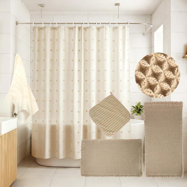 PEDOBALI 5 Pcs Boho Farmhouse Bathroom Shower Curtain Set Non Slip Waterproof Neutral Shower Curtain with Towel Cream, Waffle Bath Mat 12 Hooks for Bathroom Decoration, 71 x 71 Inch