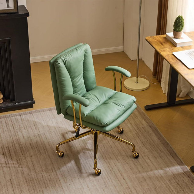 VINGLI Home Office Desk Chair Comfy with Wheels & Removable Armrests,Gold Base Vanity Chair with Back,Adjustable Rolling Swivel Computer Task Chair for Study,Makeup,Office,Cat Scratch PU,Green