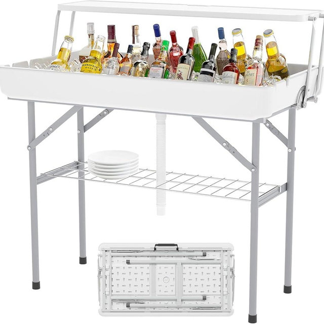 LHBcraft Outdoor Ice Cooler Folding Table with Extra Storage Shelf,Ice Tables for Parties with Drain,Cooler Server for Camping, Picnic, Wedding, BBQ, White