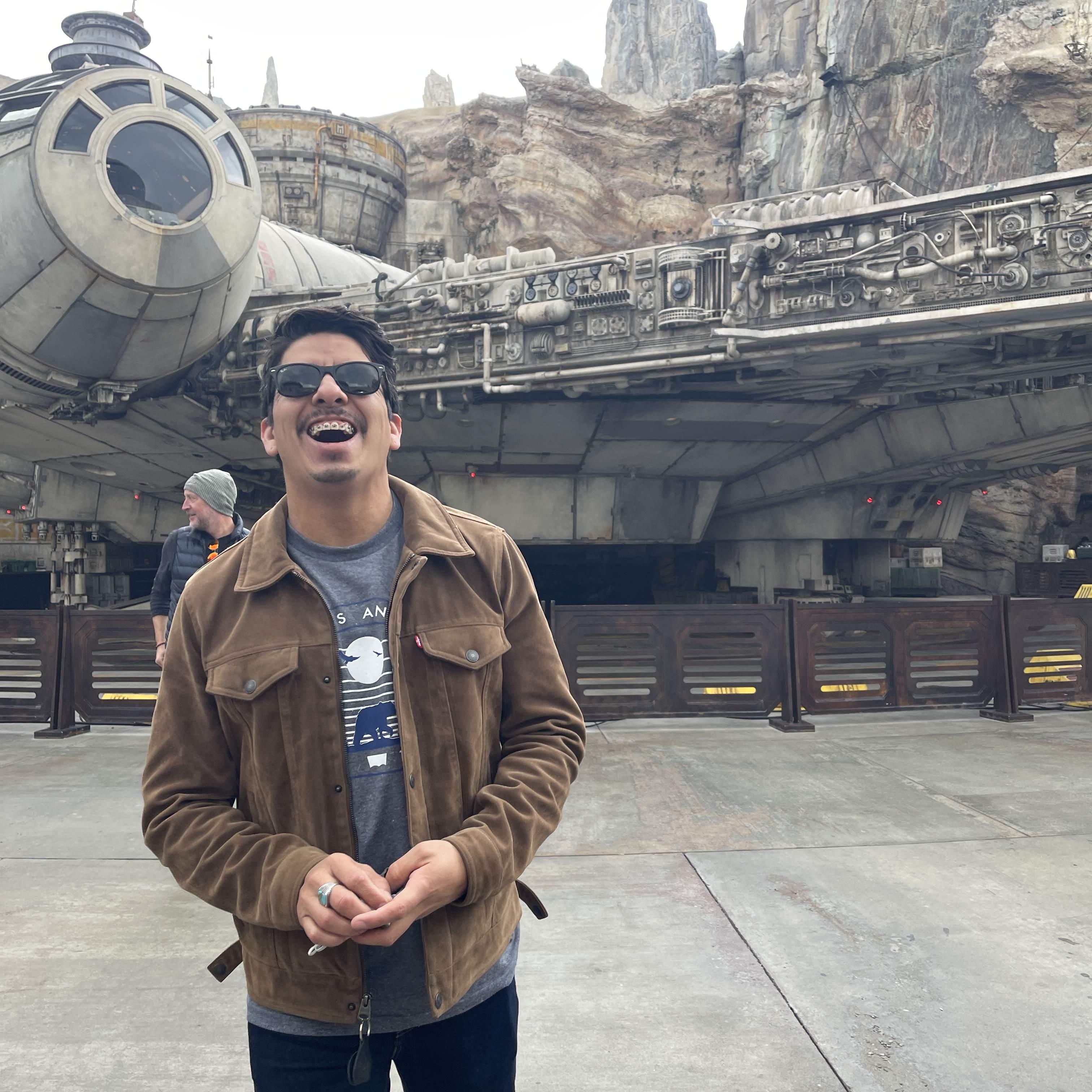 Jared being very happy seeing the Millennium Falcon up close! 