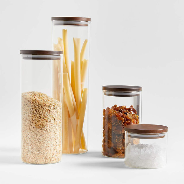 Crate & Barrel Complete Round Glass Canister Set with FSC-Certified Dark Acacia Wood Lids