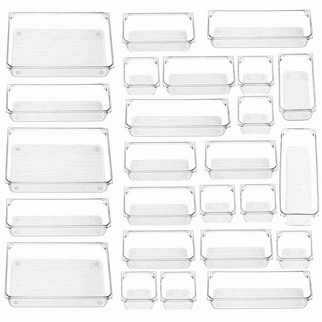Cq acrylic 25 PCS Clear Drawer Organizers Set, 4 Sizes Plastic Vanity Drawer Organizers and Storage Bins, Desk Drawer Organizer Trays for Makeup,Bathroom and Kitchen