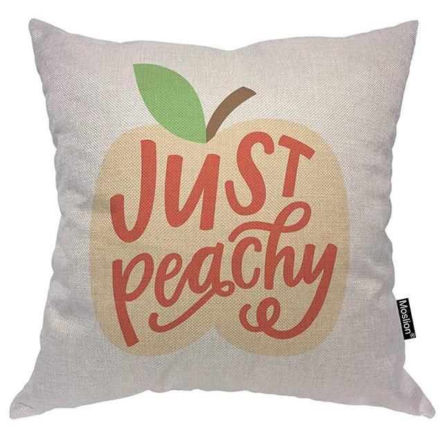 Moslion Throw Pillow Cover Peach 18x18 Inch Just Peachy Quote Word Hand Lettering Leaf Fruit Square Pillow Case Cushion Cover for Home Car Decorative Cotton Linen