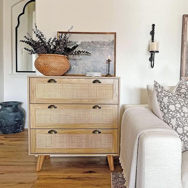 PHI VILLA Rattan Cabinet Chest of Drawers Small Cabinet for Living Room Bedroom Accent Storage Cabinet Nightstand Bedside Table Rattan Dresser