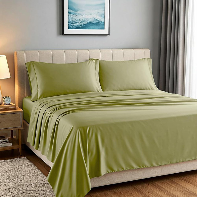 Carressa Linen 100% Egyptian Cotton Sheets California King Size - 1500 Series 4 PC Calking Sheet Set Egyptian Cotton, Cooling Sateen Sheets, High Series Sheet California King - Sage Green