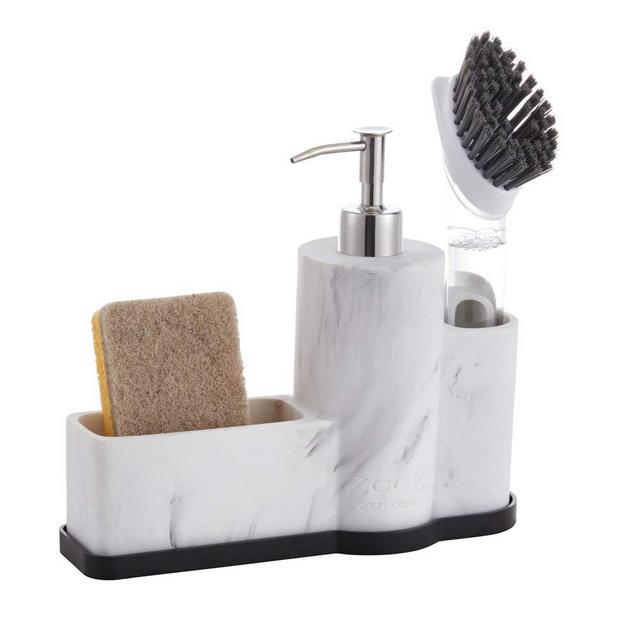 ZCCZ Soap Dispenser with Sponge Holder and Brush Holder, Bathroom Kitchen Hand and Dish Soap Pump Sink Organizer Caddy for Scrubber Sponge Brush, Removable Bottom Tray, Marble Look