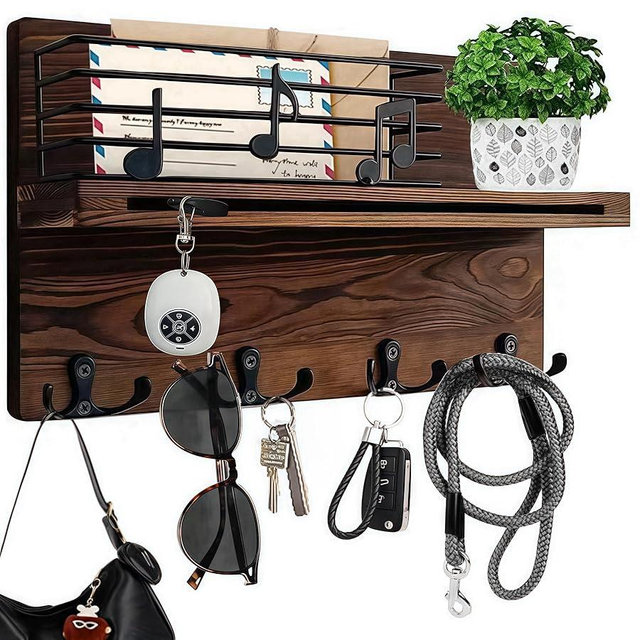Styptika Key Holder Wall Mount, Keys Holder on Wall with Shelf, Key and Mail Holder for Wall with 4 Double Hooks for Dog Leash, Sunglasses, Bags - Musical Note Design Entryway Hanger