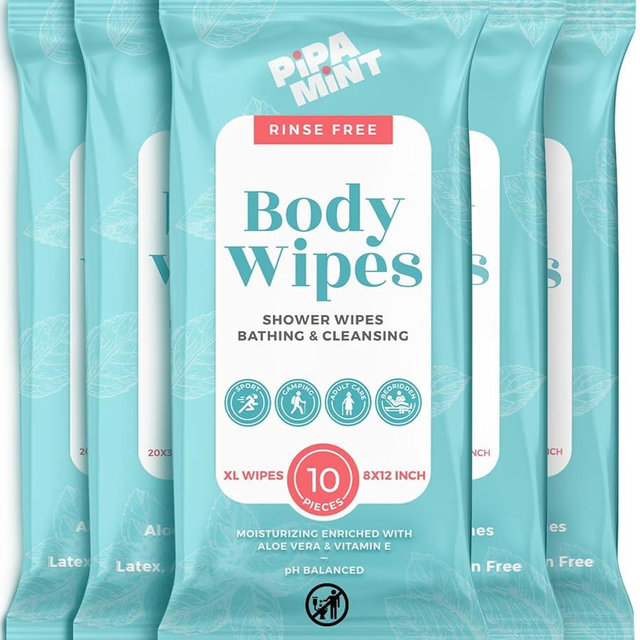 Body Wipes XL Shower Wipes Body Wipe for Adults Bathing, Traveling, Camping, Gym, Car, Elderly, Bedridden - Disposable Washcloths for Adults No Rinse 1 Box, 5 Pack (50 ct)