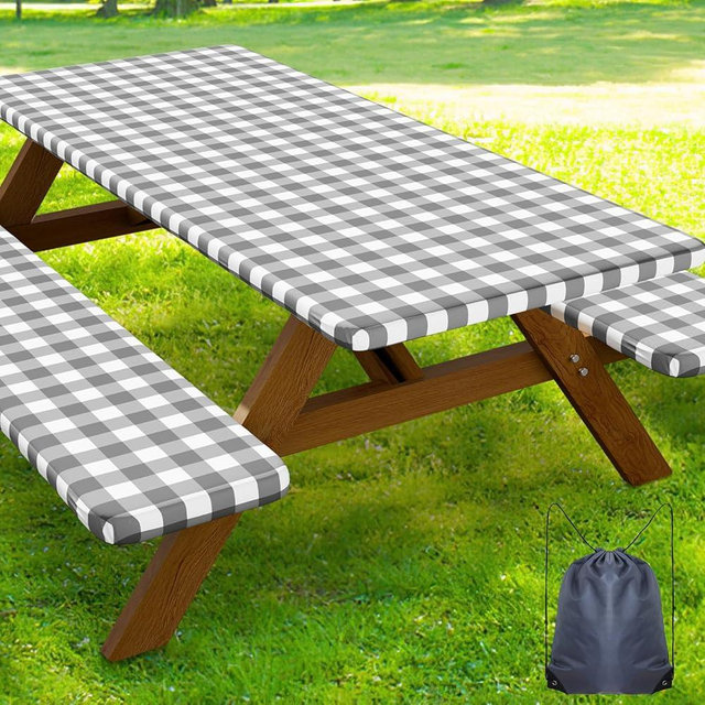 Smiry Picnic Table Cover with Bench Covers, Waterproof Elastic Fitted Tablecloths for 6 Foot Rectangle Tables, Washable Buffalo Plaid Tablecloth for Camping, Outdoor (Grey & White, 30"x72")