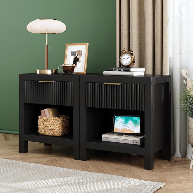 JZXSHD Nightstand Set of 2, End Table with 2 Drawers, Modern Bed Side Table with Storage, Farmhouse Fluted Cabinet Bedside Cabinet for Bedroom Living Room Sofa Couch Office (Black)