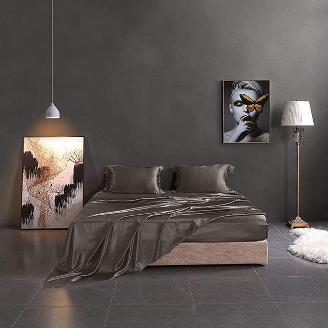 THXSILK Silk Sheet Set 4 Pcs, 19 Momme Silk Bed Sheets, Luxury Bedding Sets -Ultra Soft, Durable-100% Top Grade Mulberry Silk (King, Charcoal)
