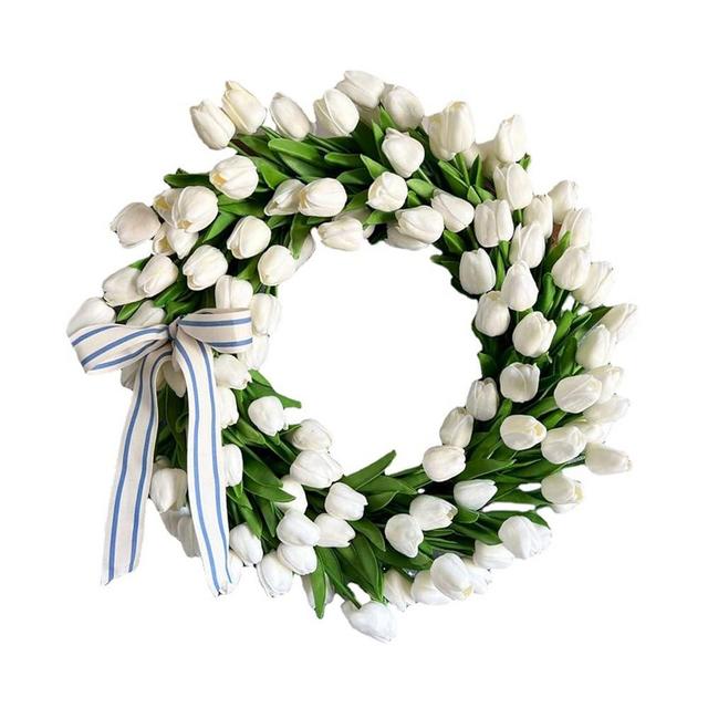 DEDEMCO 12 Inch Spring Tulip Flower Wreath for Front Door,Tulip Summer Door Wreath with Silk Bow,Tulip Grass Wreath for Wall Window Wedding Mothers Day,S