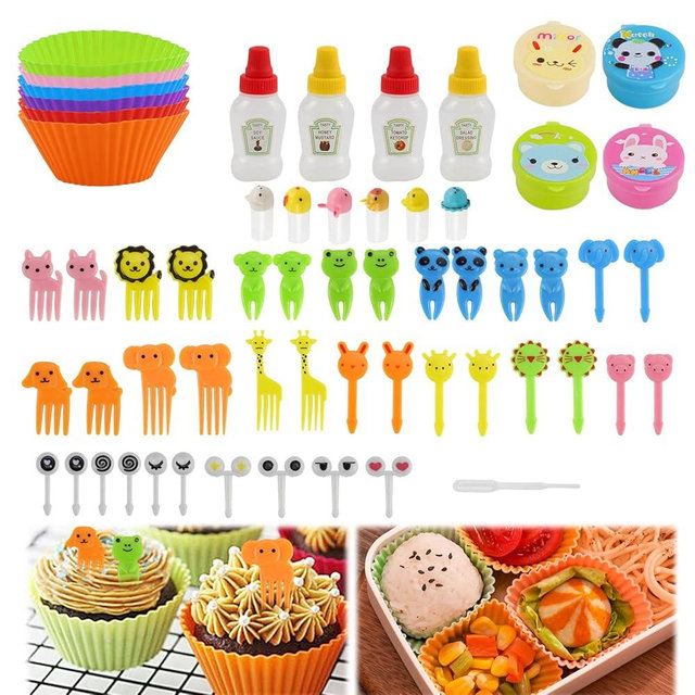 Abnaok 61PCS Silicone Lunch Box Dividers Bento Box Accessories Silicone Cupcake Liners, Lunch Box Accessories Including Food Picks Mini Condiment Bottles for Lunch Containers Accessories