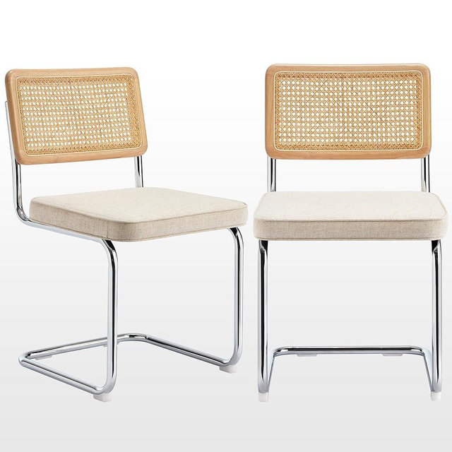 Zesthouse Natural Rattan Dining Chairs Set of 2, Mid Century Modern Dining Chairs with Solid Wood Back & Chrome Base, for Kitchen Living Room, Breuer Design Inspired, Upholstered Linen Fabric, Beige