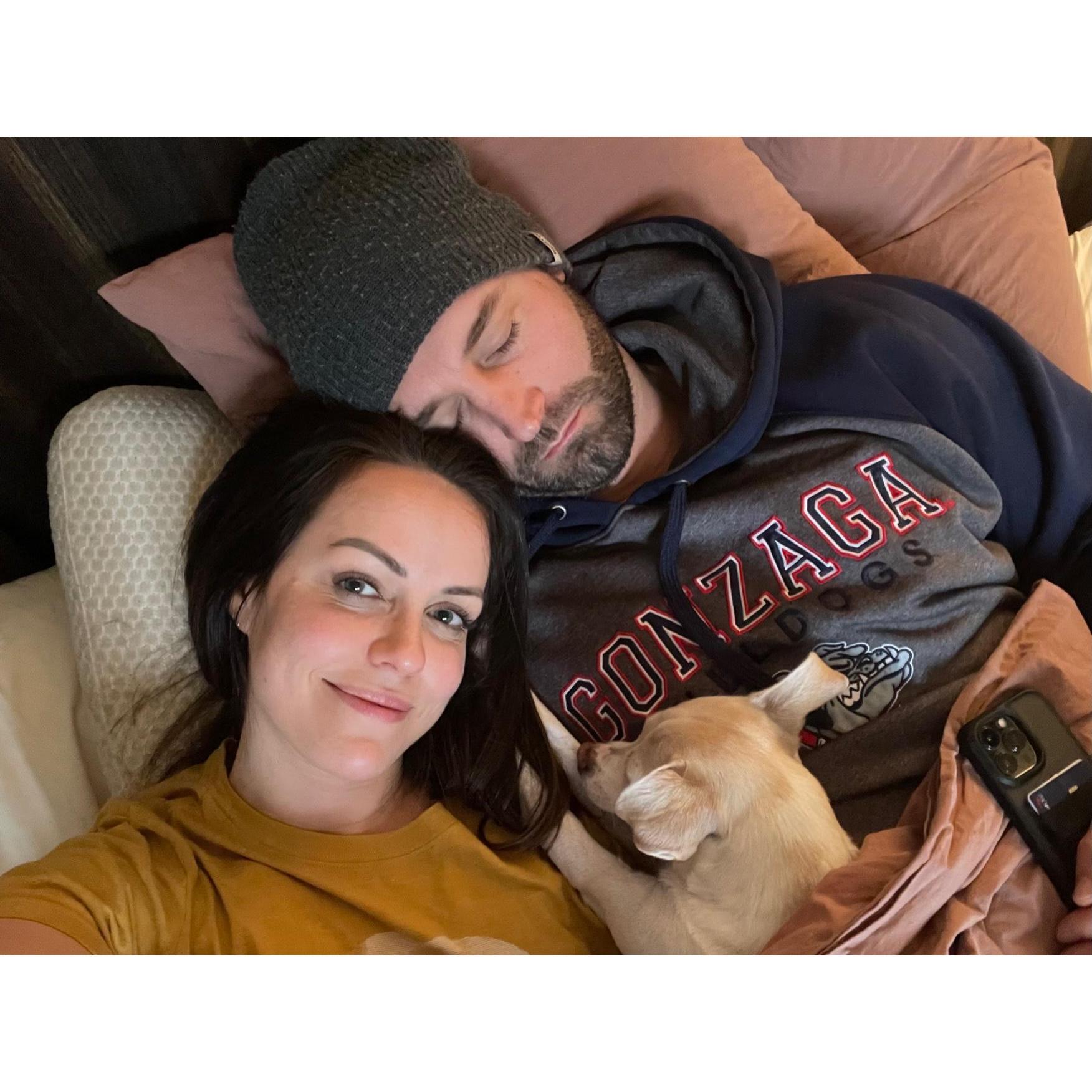 Snoozing with our foster, Rio