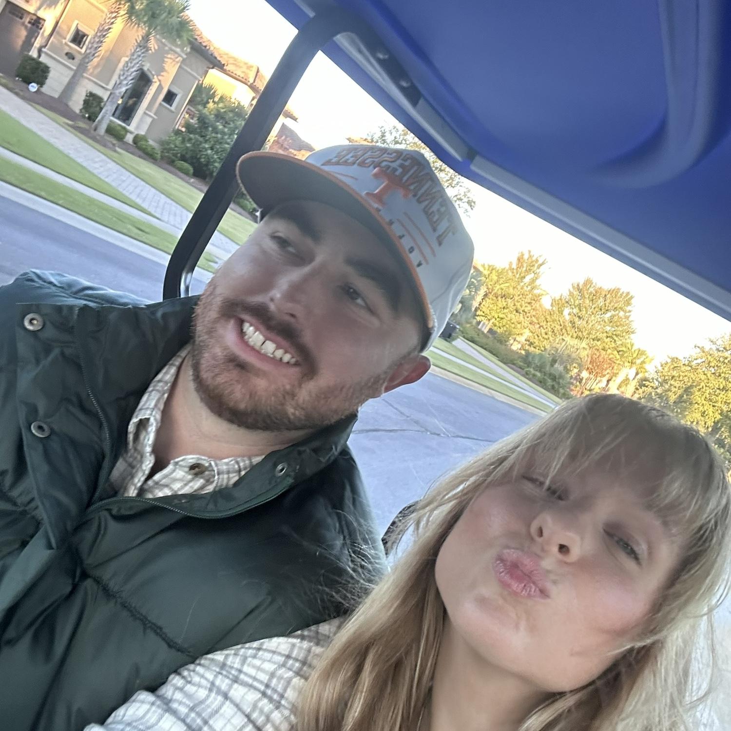 October 2024 -
quick selfie on the golf cart ride to the fountain where Dylan proposed!