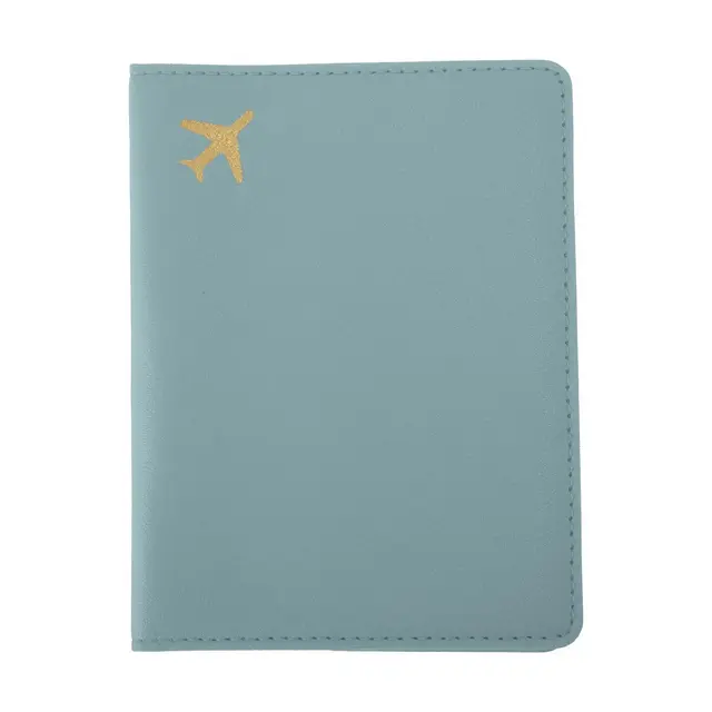 Unique Bargains Gold-stamped Airplane Pattern Passport Holder Light Blue 1 Pc