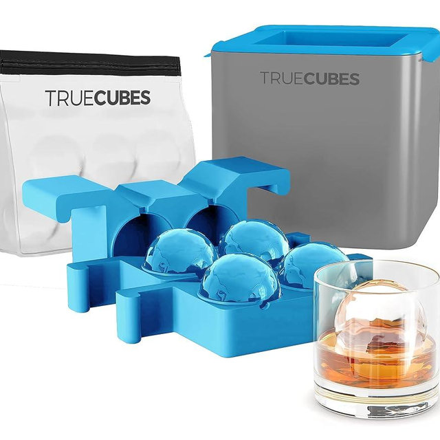 TRUE CUBES Crystal Clear Ice Sphere Ball Maker with Storage Bag - 4 Large Clear Ice Sphere Balls for Cocktails, Drinks & Whiskey - BPA-Free Silicone Sphere Ice Sphere Balls Mold