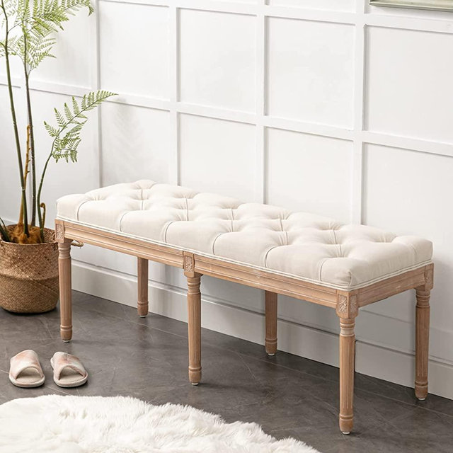 Bonzy Home Upholstered Tufted Bench, 47”French Vintage Entryway Bench & Dining Bench, Fabric End of Bed Bench for Bedroom Living Room Hallway, Beige
