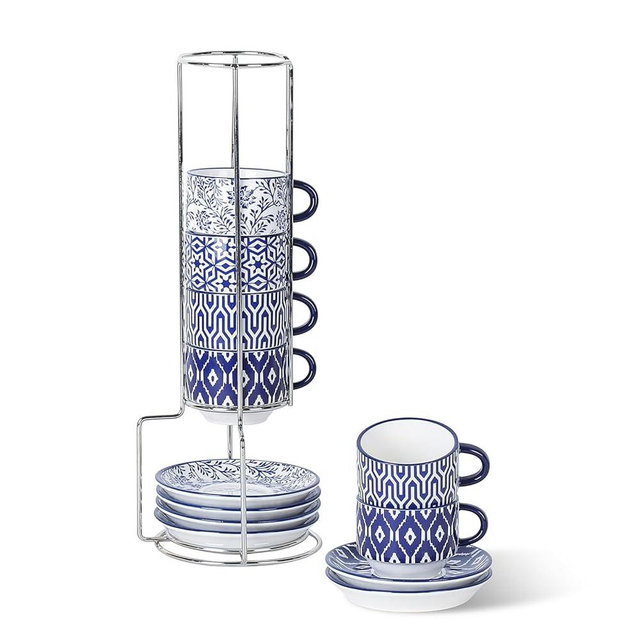 Selamica Ceramic Espresso Cups with Saucers, 2.5 OZ Stackable Demitasse Cups with Metal Stand, Mini Espresso Mugs for Latte Coffee Café Mocha Tea, Set of 6, Vintage Blue