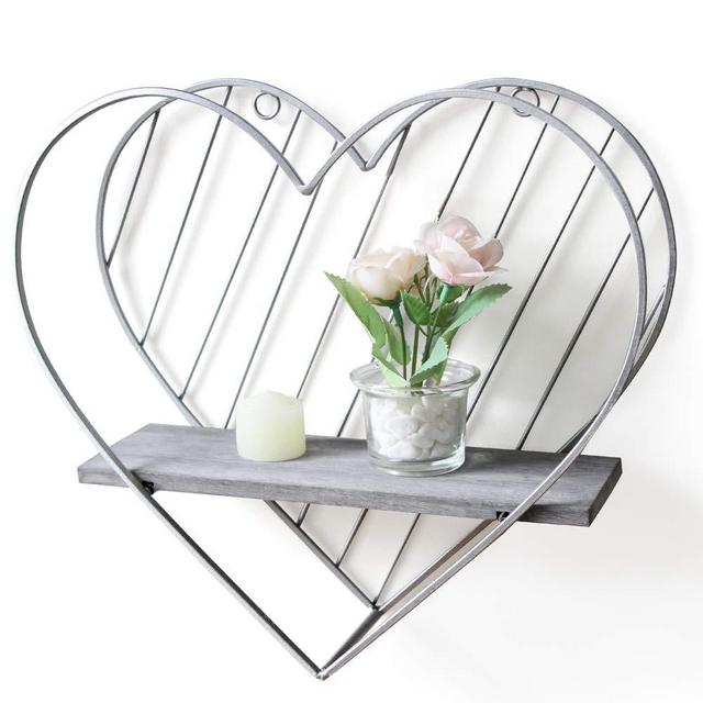 Afuly Rustic Floating Shelf Grey Shelves for Wall Metal Heart Cute Decor Silver Farmhouse Design for Kids Bedroom Bathroom Toilet