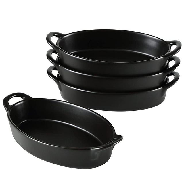 Set of 4 Oval Au Gratin 8"x5" Baking Dishes, Lasagna Pan, Porcelain Bakeware Ideal for Creme Brulee Easy Carry Handles, table Serving Dish, Matte Black