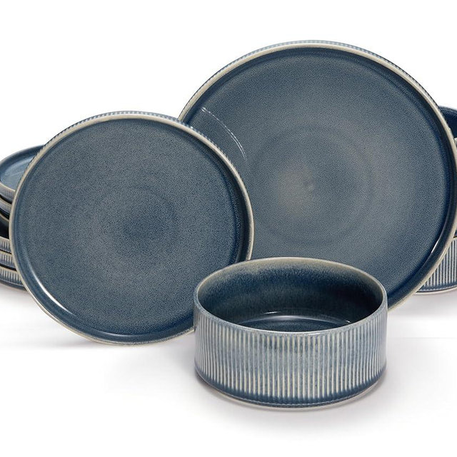 Ceramic Dinnerware Set, by Vase and Vessel, 12-Piece Service for 4, 9.8” Dinner Plates, 8” Salad Plates, 20 oz Bowls, Ombre Reactive Glaze, Durable Stoneware, Microwave & Dishwasher (Denim)
