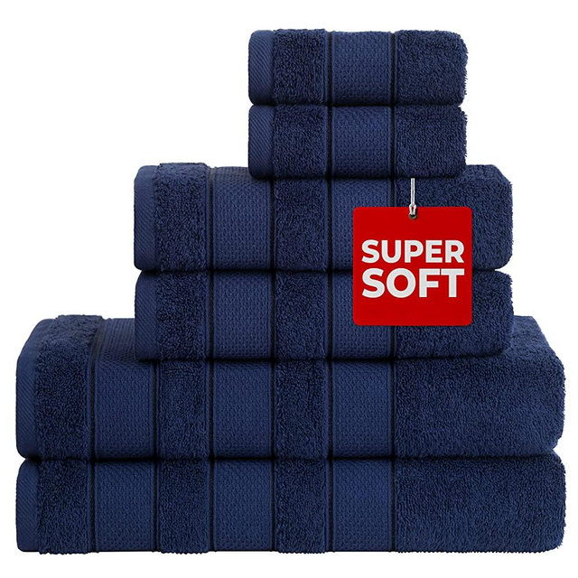 American Soft Linen, Salem Bath Towel Set, 6 Piece Towels for Bathroom, 100% Turkish Combed Cotton 2 Bath Towels 2 Hand Towels 2 Washcloths, Navy Blue