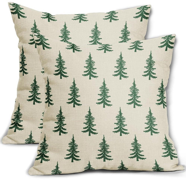 Christmas Tree Pillow Covers 18x18 Set of 2 Green Xmas Rustic Style Winter Print Decorative Outdoor Pillowcases Farmhouse Vintage Holiday Decorations Throw Cushion Case Decor for Couch Sofa Bed