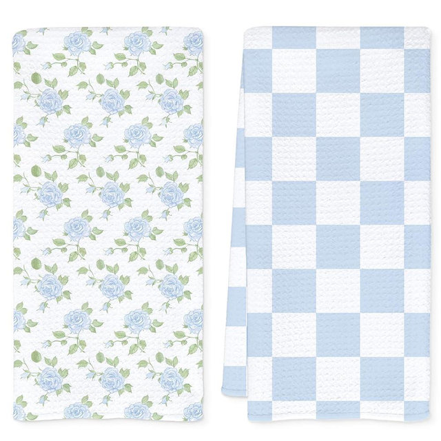 QEJ Spring Blue Rose Floral Kitchen Dish Towels, Blue and White Checkered Cottagecore Flower Decorative Hand Tea Towels for Bathroom Kitchen, 16x24 Inch Set of 2